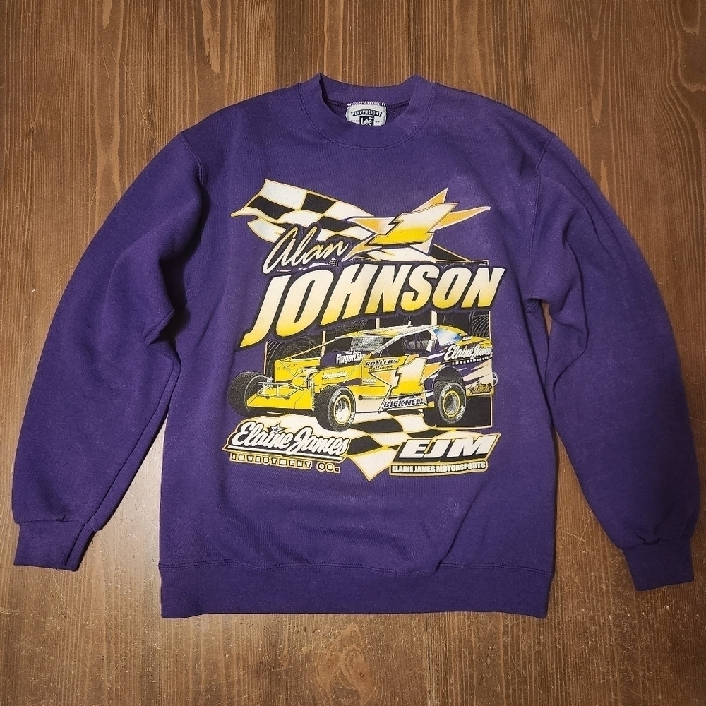 Vtg Alan Johnson Racing Pullover Sweatshirt Purple Mens Size Small Double Sided